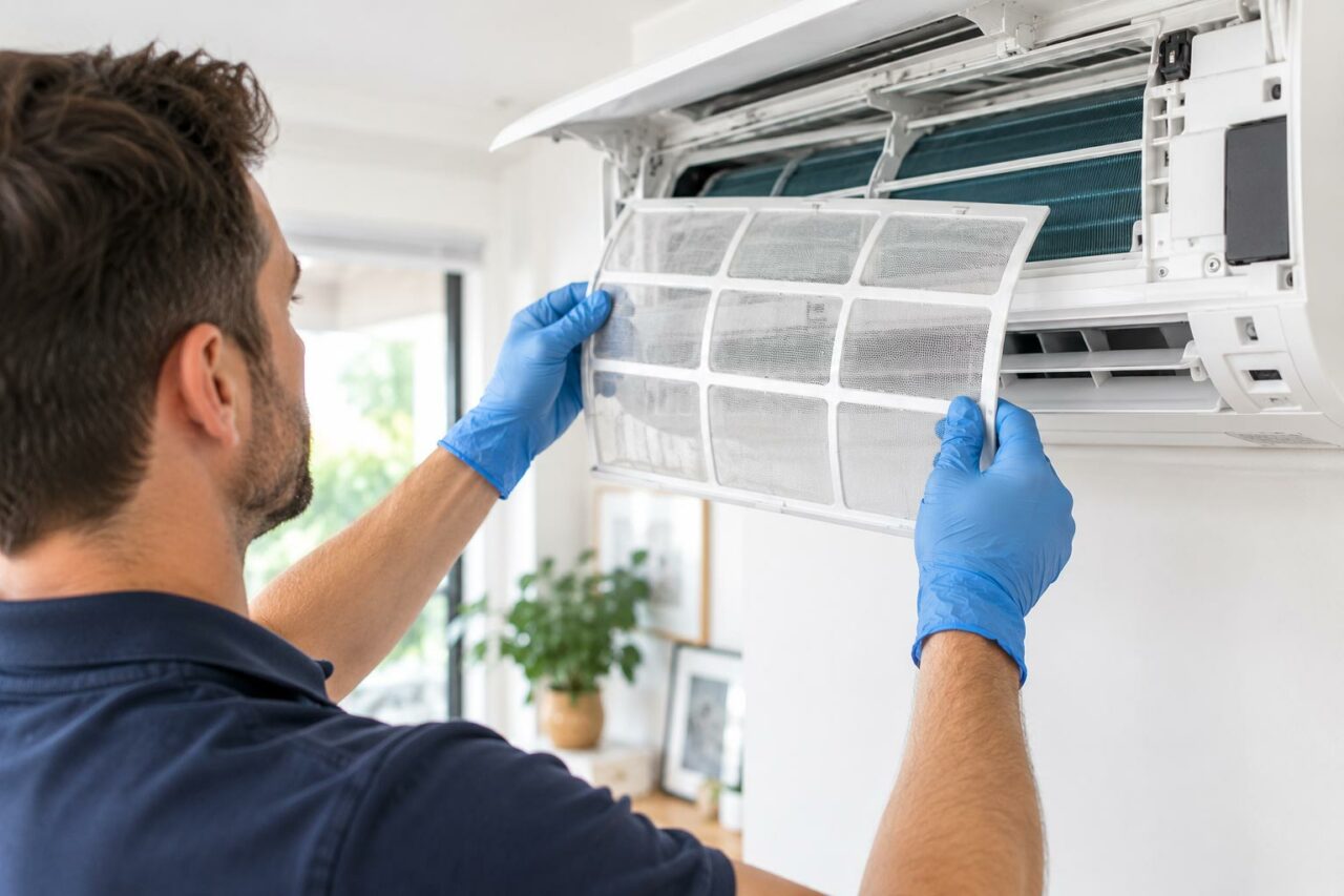 Technicien Pujol Chauffage nettoyant le filtre d’une climatisation murale
